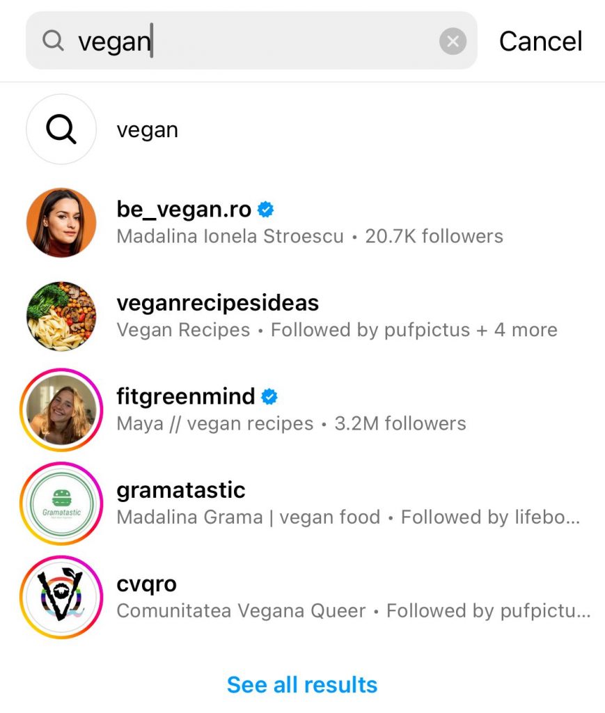 An Instagram search of the word "vegan"