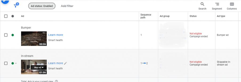 Example of Google Ads Video Ad Sequence Campaign