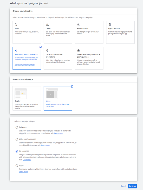 Select “Ad sequence” campaign subtype